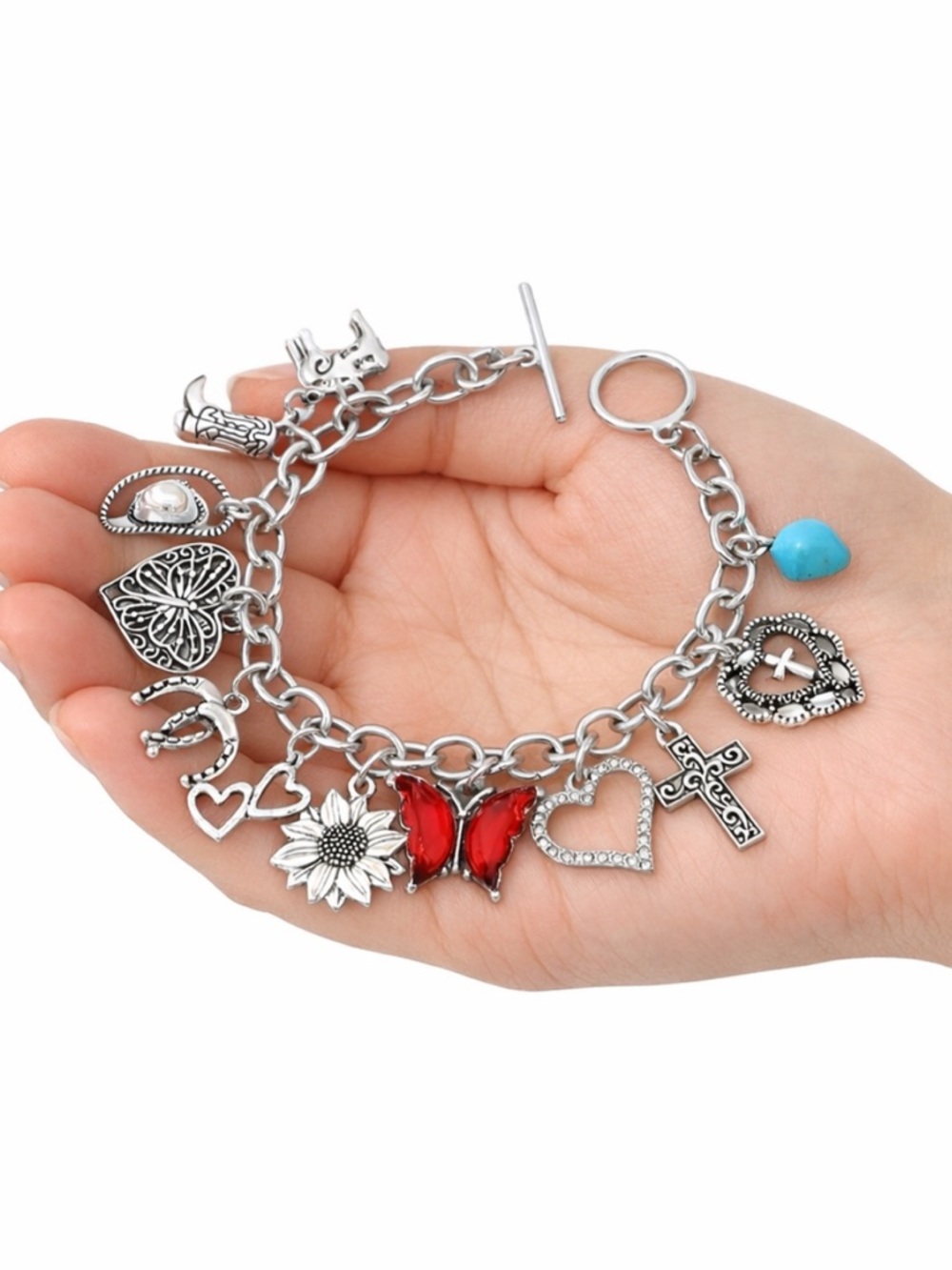 Boho Western Red Butterfly Sunflower Charm Link Bracelet Silver NWT